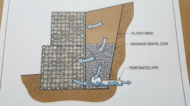 Desain Drainase Dinding Penahan Gabion: Kain Saring, Zona Kerikil, dan Detail Pipa Berlubang